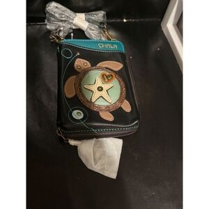 Chala Sea Turtle Cell Phone Crossbody Wallet Vegan Leather Black Teal Starfish